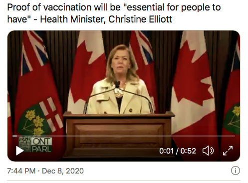 Proof of Vaccination will be ESSENTIAL - Health Minister Christine Elliot
